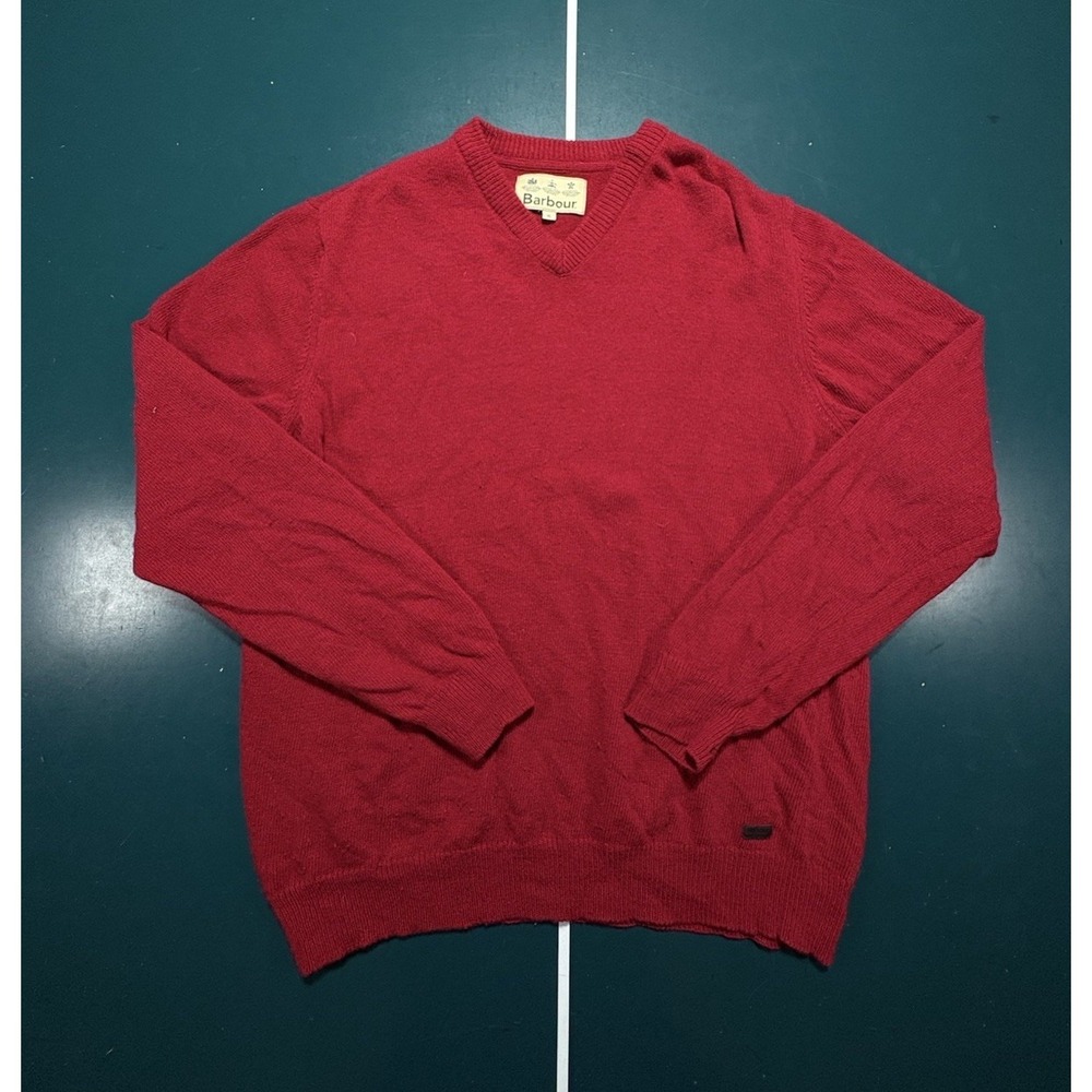 Barbour Sweater Men's XL 100% Wool Red Classic Preppy Hertiage Lodge V-Neck